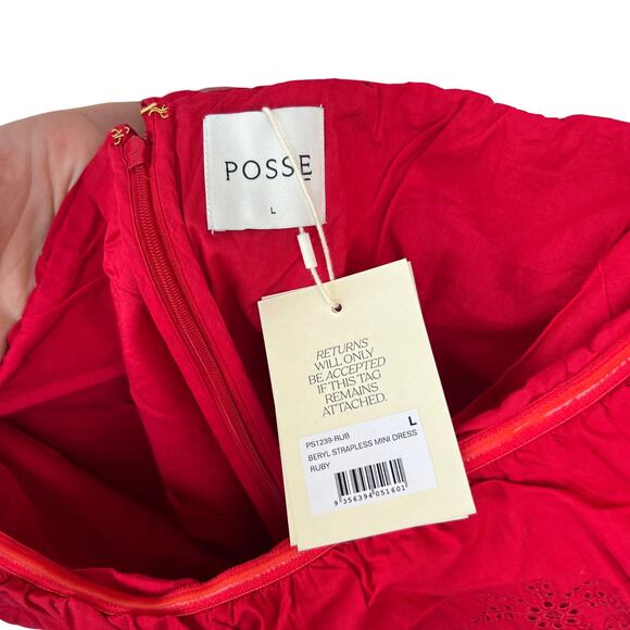 NWT POSSE Beryl Strapless Mini Dress Pockets Ruby Red Cotton Eyelet Lined L - Picture 11 of 13